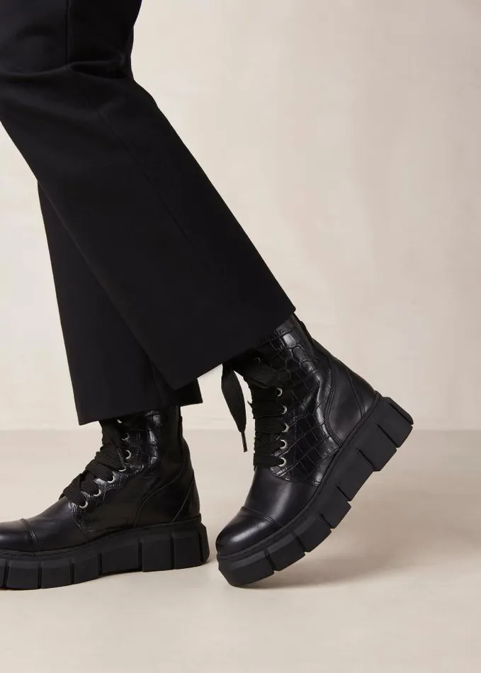 ALOHAS Boots Women Can Can Croco 8211 Black Leather Boots
