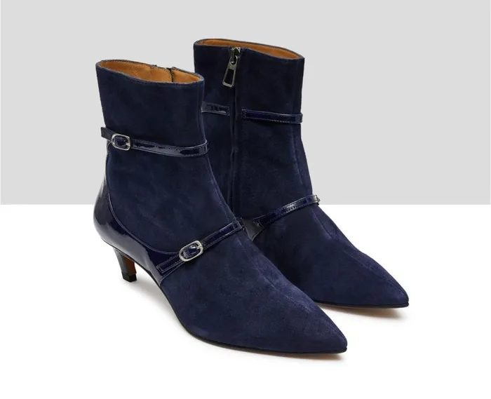 Audley Shoes Mid Heel Leather Booties Kathy Blue Women Low Heel