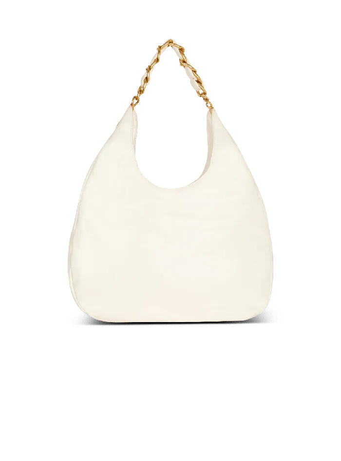 Balmain 1945 Soft Hobo Bag In Embossed Crinkled Calfskin With A PB Labyrinth Monogram White Women Shoulder Bags
