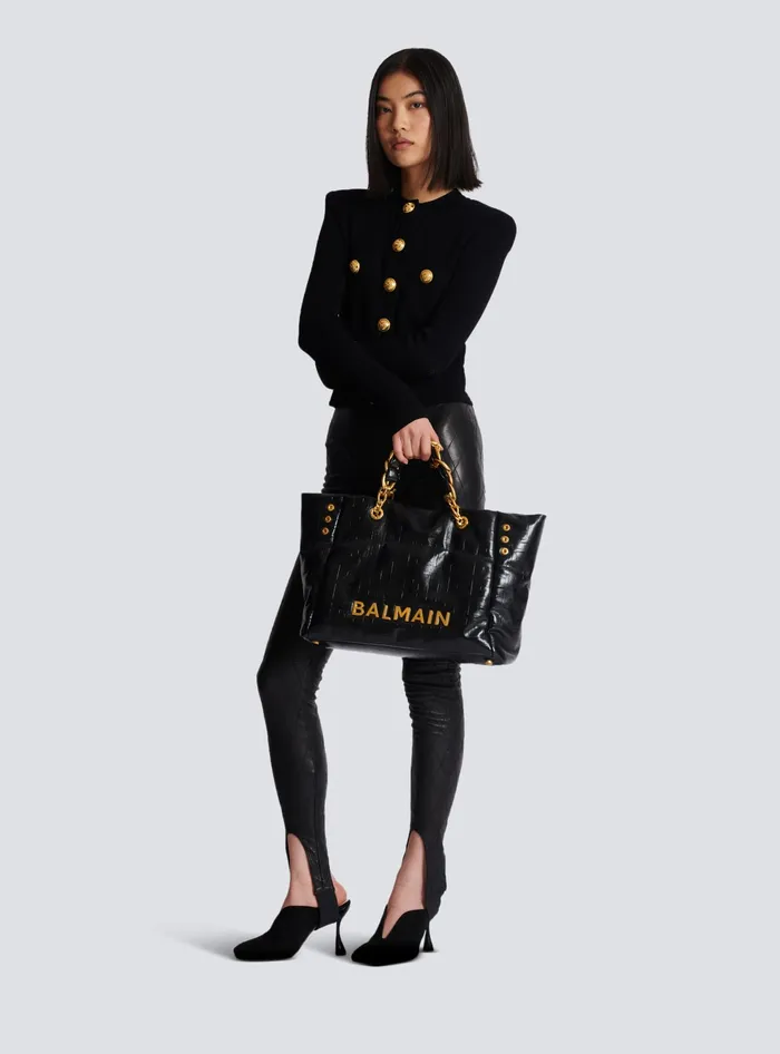 Balmain 1945 Soft Tote Bag In Crackled Calfskin Black Women Tote Bags