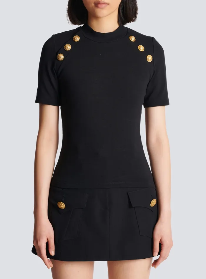 Balmain 6button Knit Tshirt Black Women TShirts