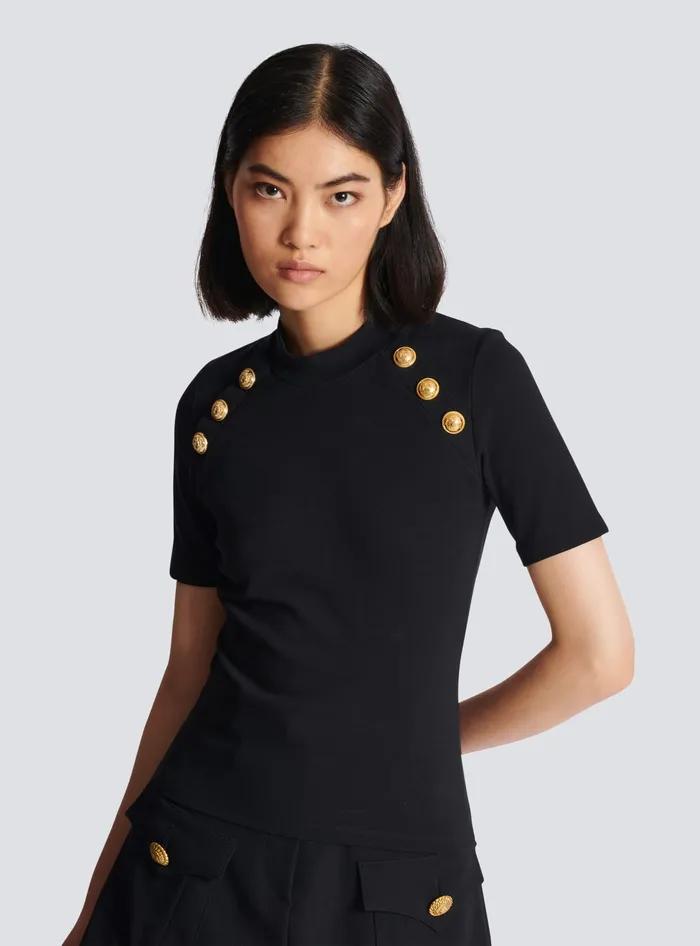 Balmain 6button Knit Tshirt Black Women TShirts