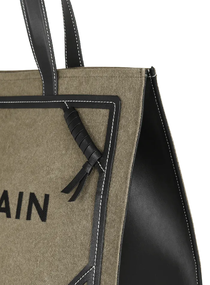 Balmain BArmy 42 Canvas Tote Bag With Leather Details Khaki Women Shoulder Bags