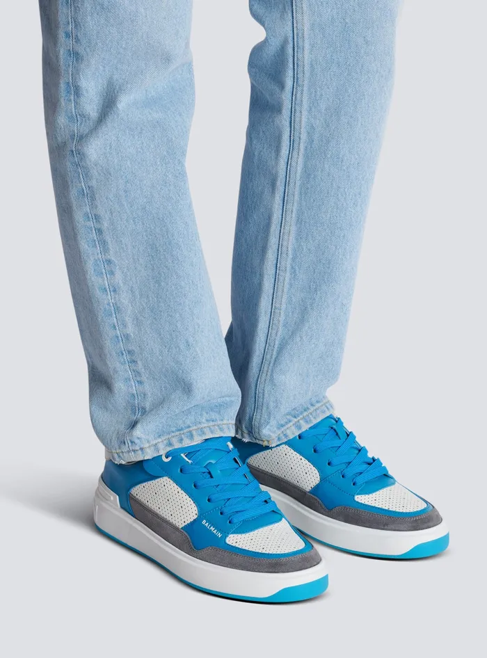 Balmain BCourt Flip Sneakers In Calfskin And Suede Blue Men Sneakers
