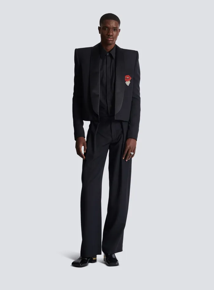 Balmain Cropped Grain De Poudre Jacket With Embroidered Patch Black Men Jackets And Blazers