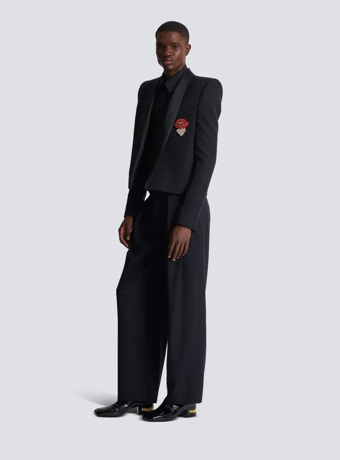 Balmain Cropped Grain De Poudre Jacket With Embroidered Patch Black Men Jackets And Blazers