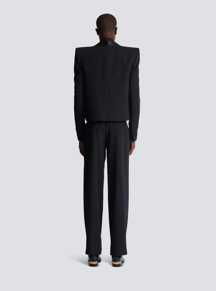 Balmain Cropped Grain De Poudre Jacket With Embroidered Patch Black Men Jackets And Blazers
