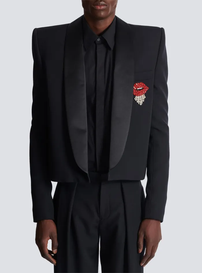 Balmain Cropped Grain De Poudre Jacket With Embroidered Patch Black Men Jackets And Blazers