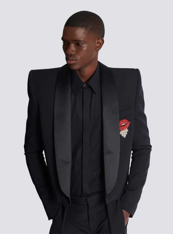 Balmain Cropped Grain De Poudre Jacket With Embroidered Patch Black Men Jackets And Blazers