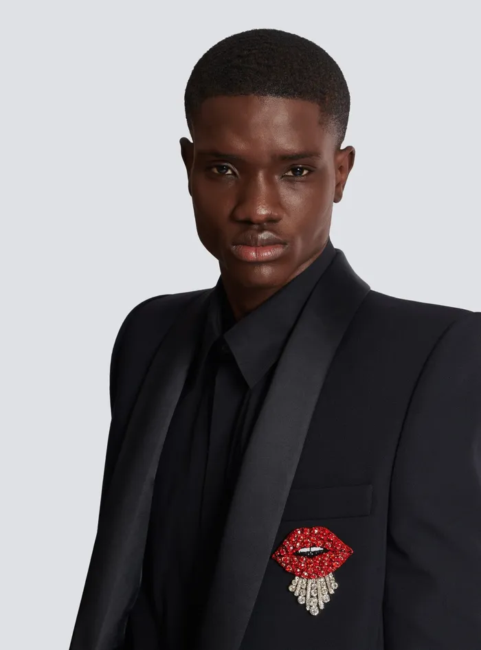Balmain Cropped Grain De Poudre Jacket With Embroidered Patch Black Men Jackets And Blazers