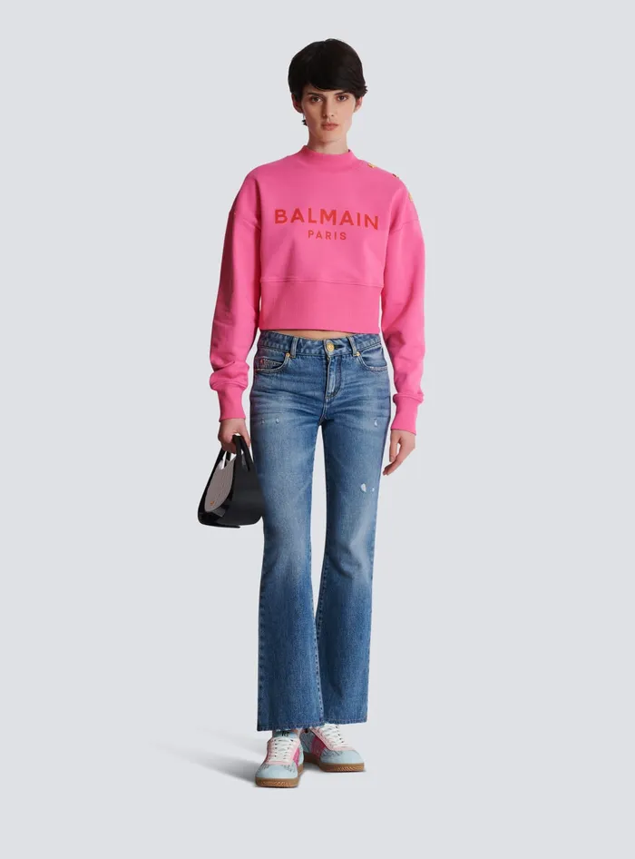 Balmain Cropped Sweatshirt With Paris Print Pink Women Sweatshirts