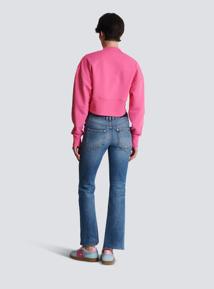 Balmain Cropped Sweatshirt With Paris Print Pink Women Sweatshirts