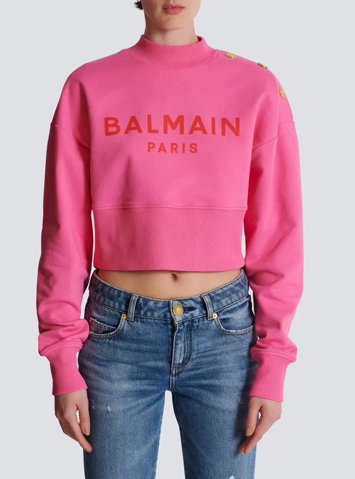 Balmain Cropped Sweatshirt With Paris Print Pink Women Sweatshirts