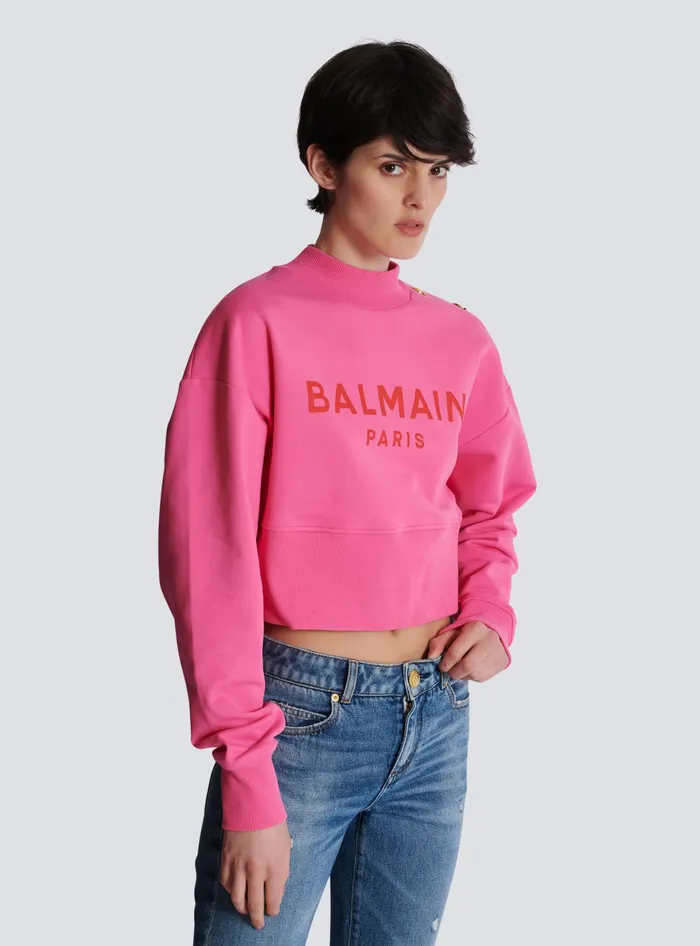 Balmain Cropped Sweatshirt With Paris Print Pink Women Sweatshirts