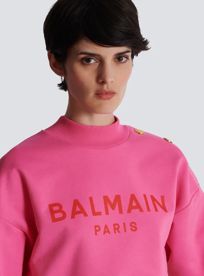 Balmain Cropped Sweatshirt With Paris Print Pink Women Sweatshirts