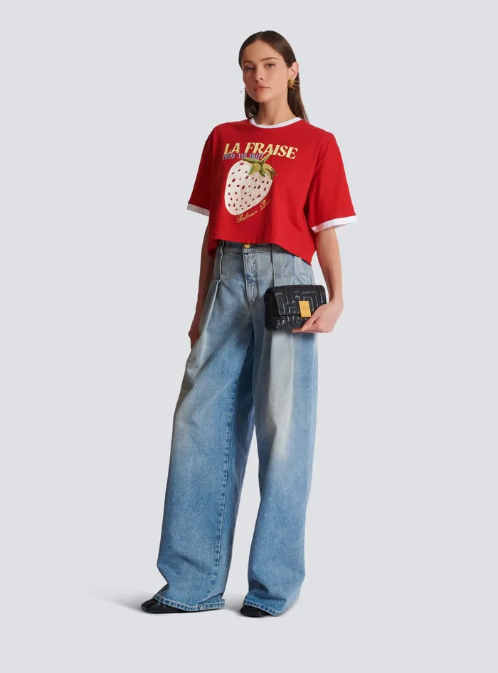 Balmain Cropped Tshirt With Strawberry Print Red Women TShirts