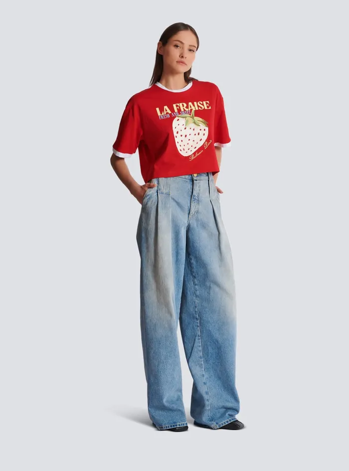 Balmain Cropped Tshirt With Strawberry Print Red Women TShirts