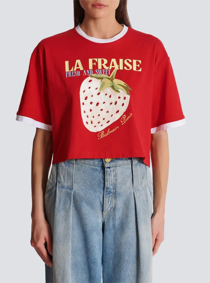 Balmain Cropped Tshirt With Strawberry Print Red Women TShirts
