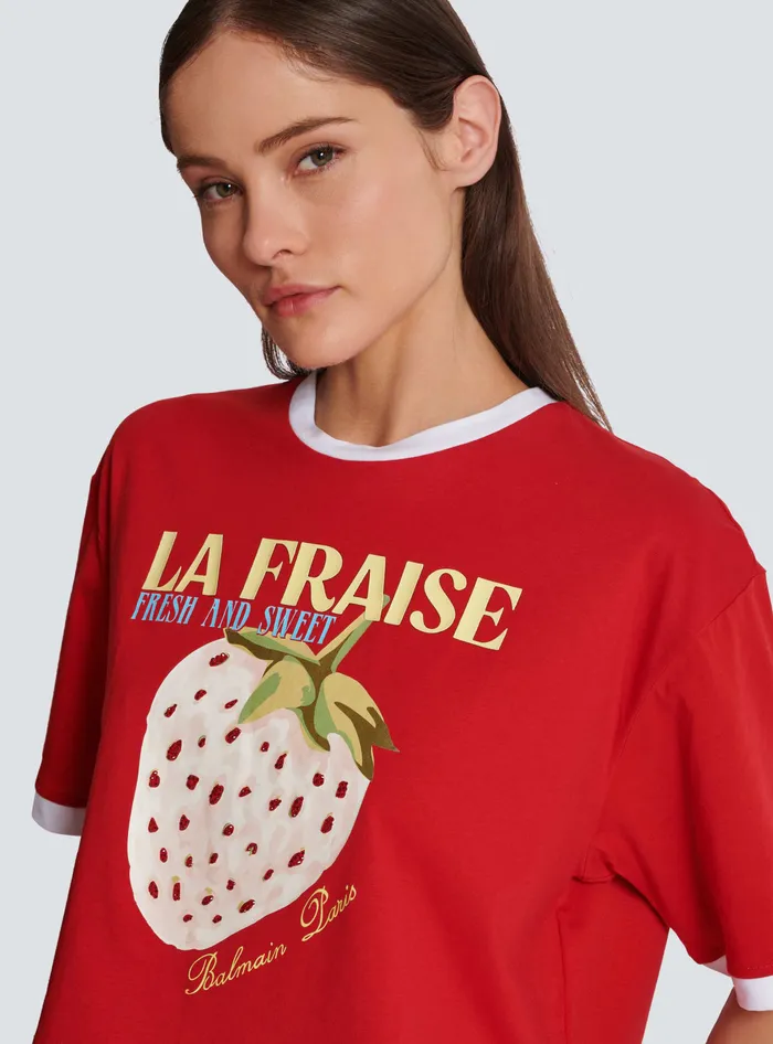 Balmain Cropped Tshirt With Strawberry Print Red Women TShirts