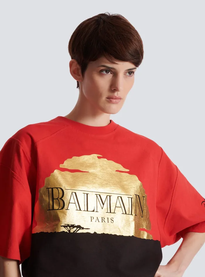 Balmain Disney X The Lion King 8211 Cropped Tshirt With Sunset Print Red Women TShirts