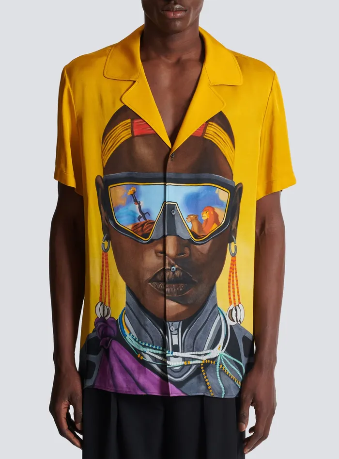 Balmain Disney X The Lion King 8211 Satin Pyjama Shirt With Nika Mtwana Print Multicolor Men Shirts And Polos