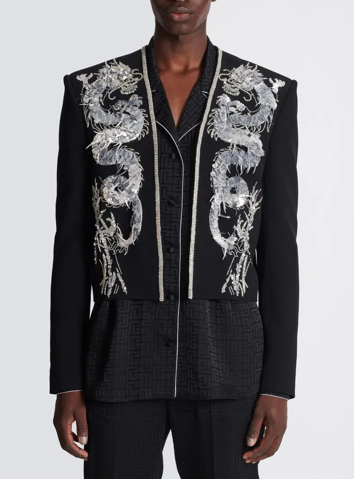 Balmain Dragon Embroidered Spencer Jacket Black Men Jackets And Blazers