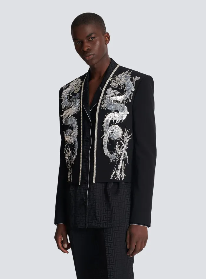 Balmain Dragon Embroidered Spencer Jacket Black Men Jackets And Blazers