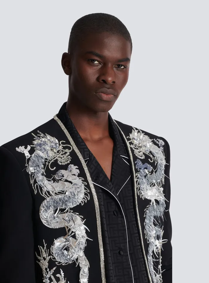 Balmain Dragon Embroidered Spencer Jacket Black Men Jackets And Blazers