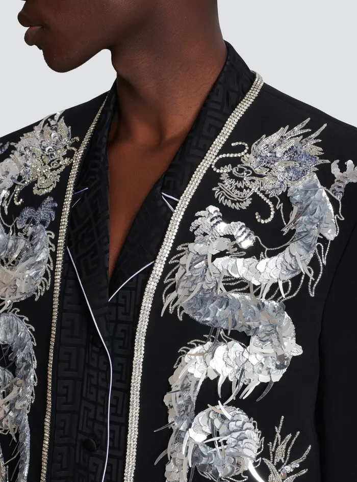 Balmain Dragon Embroidered Spencer Jacket Black Men Jackets And Blazers