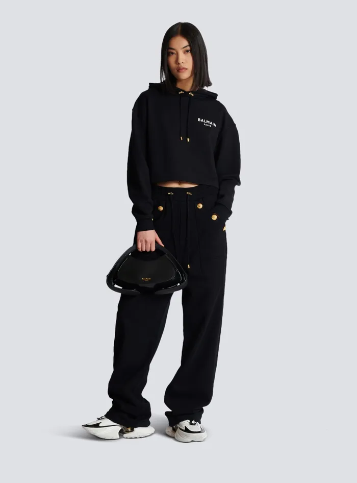 Balmain Flocked Paris Hoodie Black Women Sweatshirts