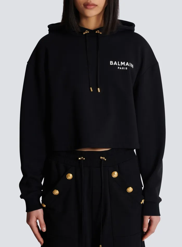 Balmain Flocked Paris Hoodie Black Women Sweatshirts