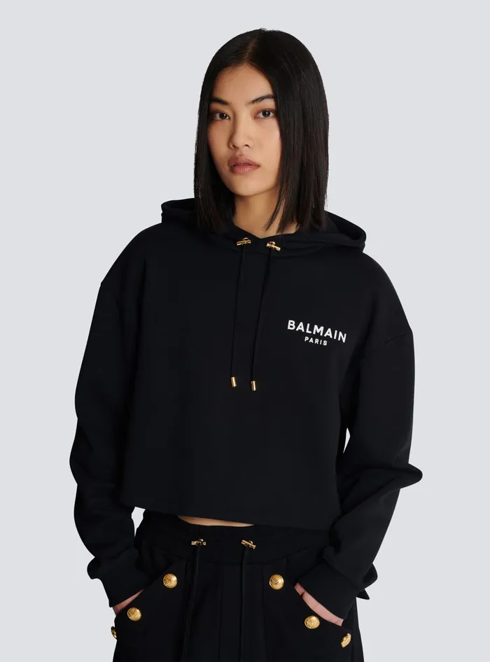 Balmain Flocked Paris Hoodie Black Women Sweatshirts