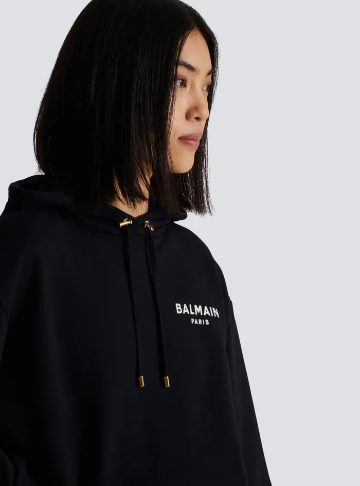 Balmain Flocked Paris Hoodie Black Women Sweatshirts