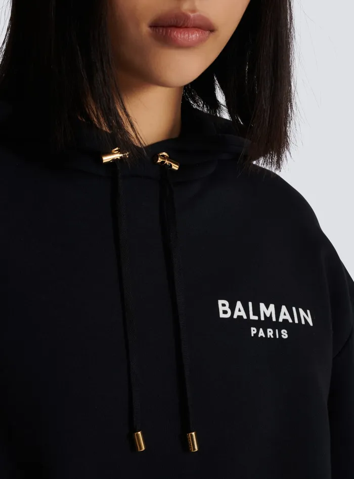 Balmain Flocked Paris Hoodie Black Women Sweatshirts