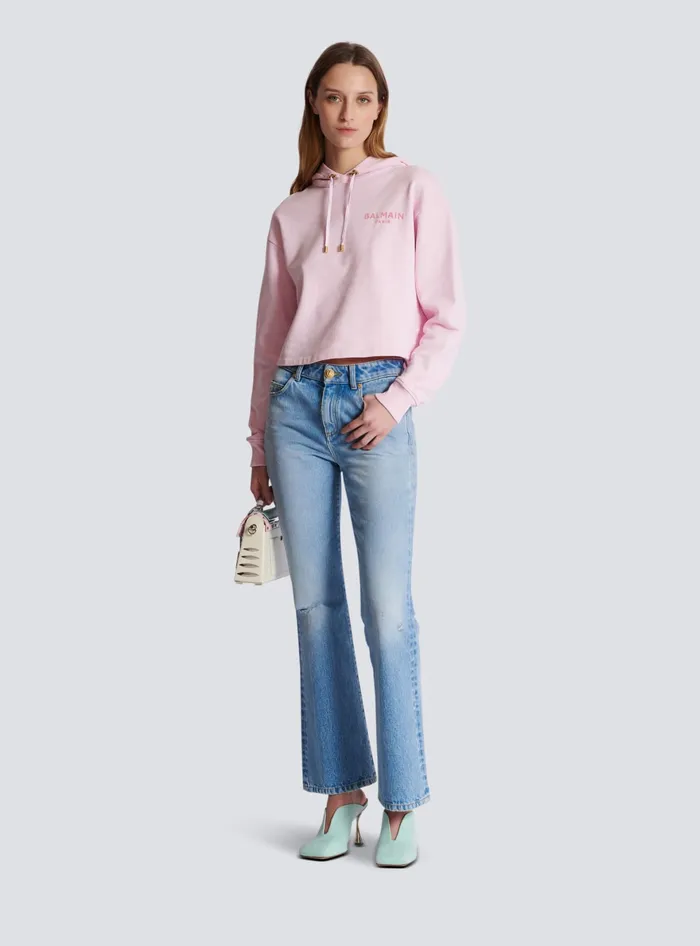 Balmain Flocked Paris Hoodie Pink Women Sweatshirts