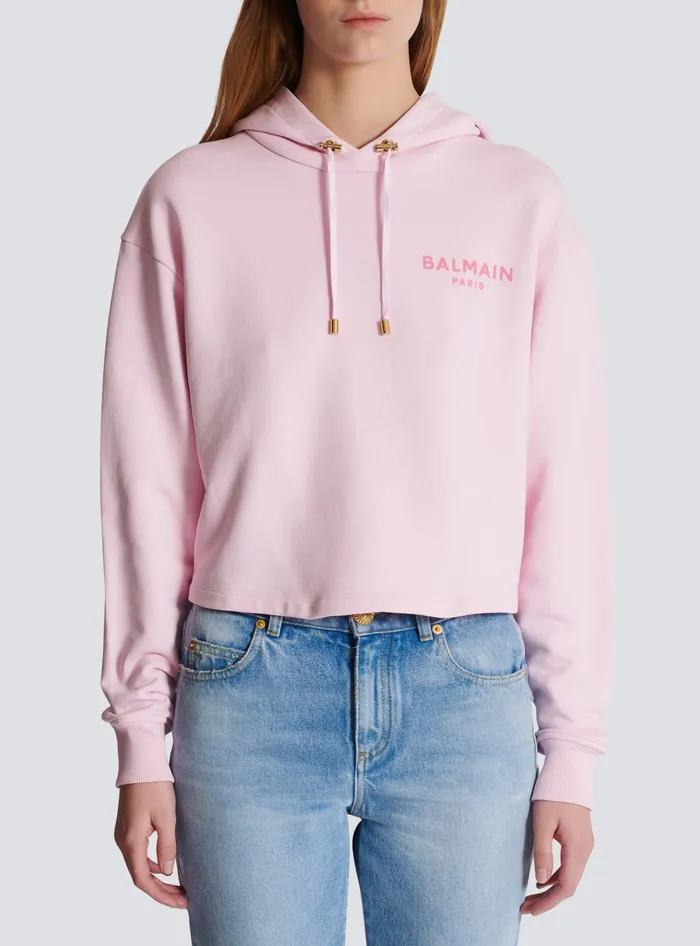 Balmain Flocked Paris Hoodie Pink Women Sweatshirts