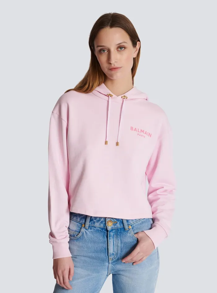 Balmain Flocked Paris Hoodie Pink Women Sweatshirts