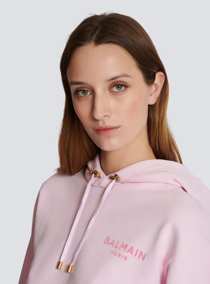 Balmain Flocked Paris Hoodie Pink Women Sweatshirts