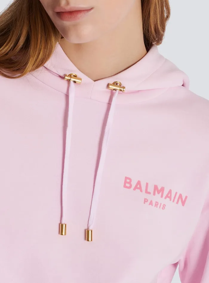 Balmain Flocked Paris Hoodie Pink Women Sweatshirts