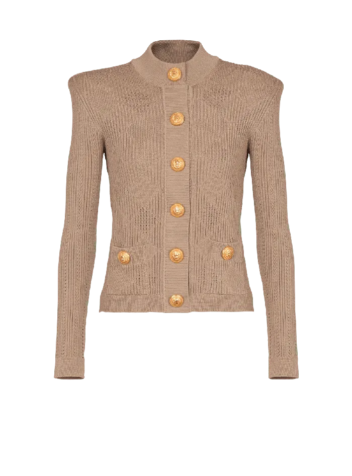 Balmain Gingham Openwork Knit Cardigan Beige Women Knitwear
