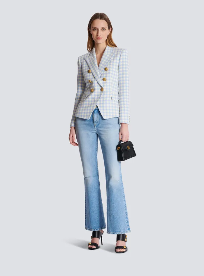 Balmain Gingham Tweed 6button Jacket Blue Women Jackets And Blazers