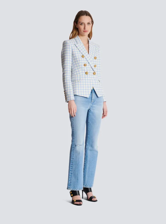 Balmain Gingham Tweed 6button Jacket Blue Women Jackets And Blazers