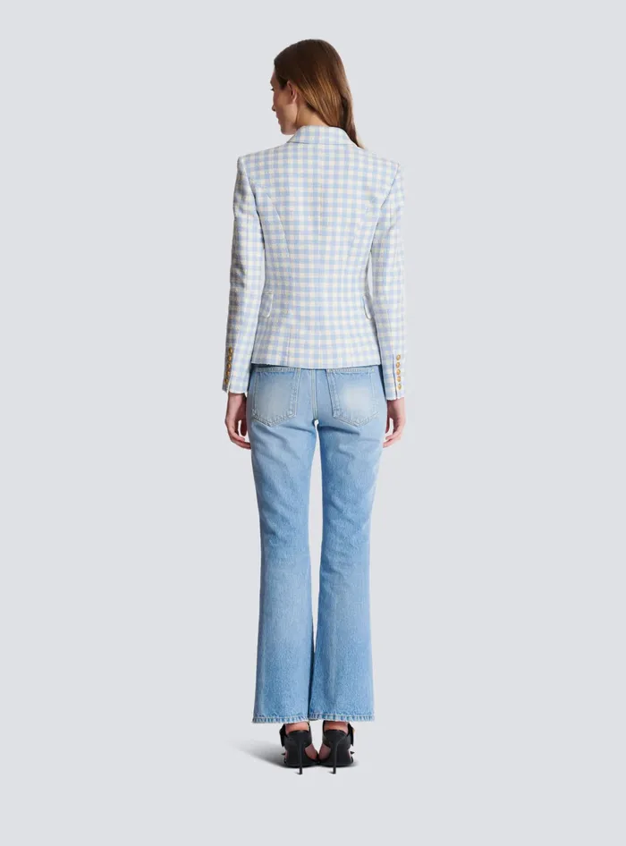 Balmain Gingham Tweed 6button Jacket Blue Women Jackets And Blazers