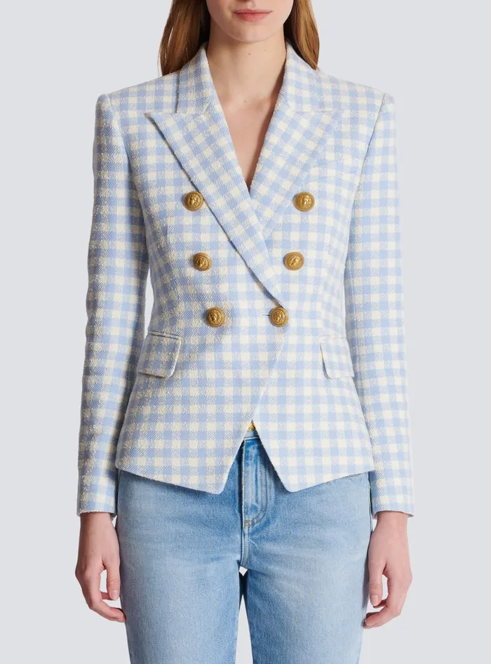 Balmain Gingham Tweed 6button Jacket Blue Women Jackets And Blazers