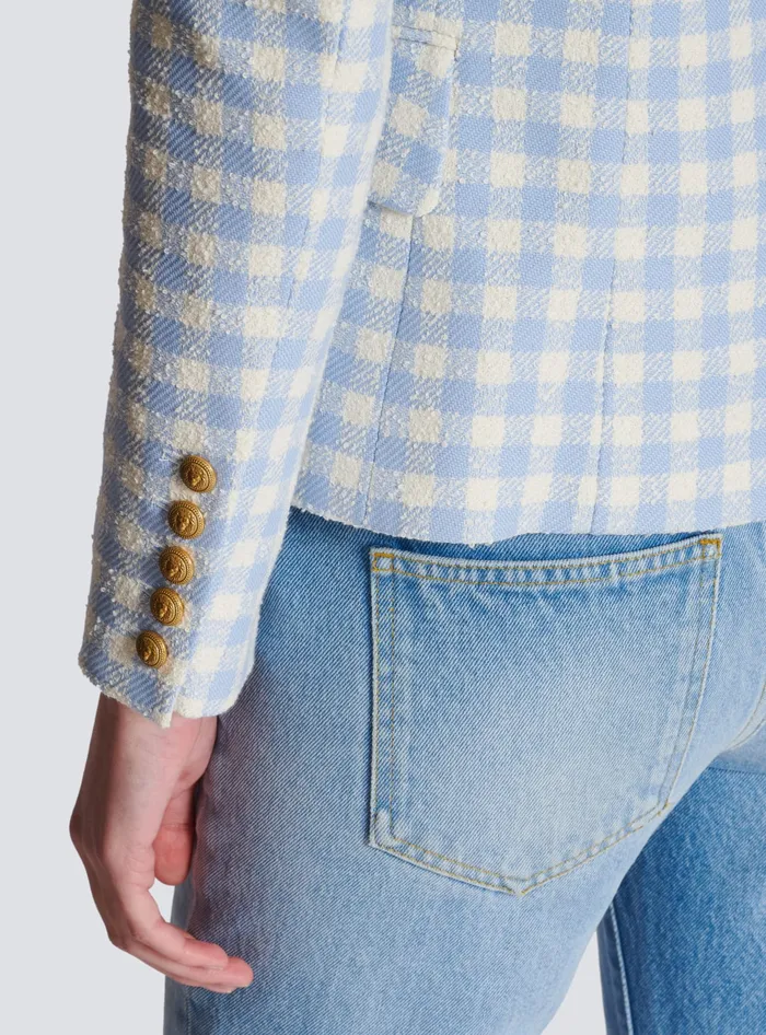 Balmain Gingham Tweed 6button Jacket Blue Women Jackets And Blazers