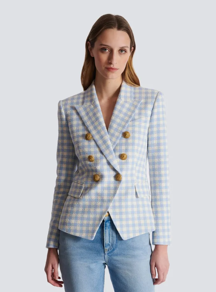 Balmain Gingham Tweed 6button Jacket Blue Women Jackets And Blazers
