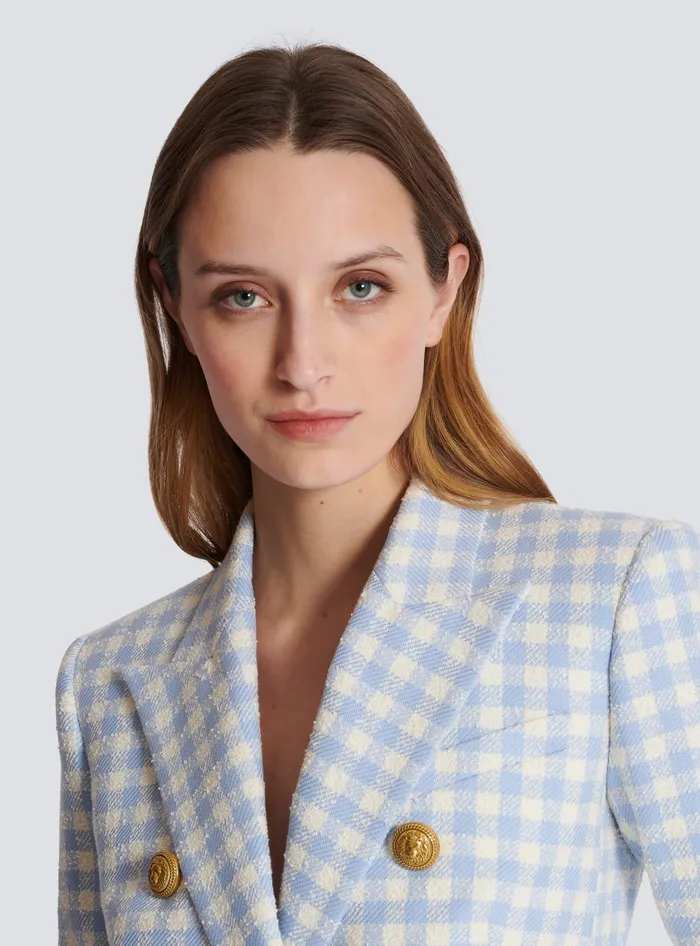 Balmain Gingham Tweed 6button Jacket Blue Women Jackets And Blazers