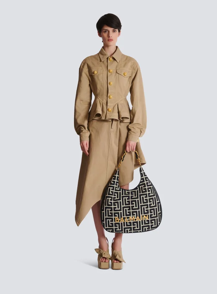 Balmain Large 1945 Soft Hobo Bag In Jacquard Fabric With A PB Labyrinth Monogram Black Women Shoulder Bags