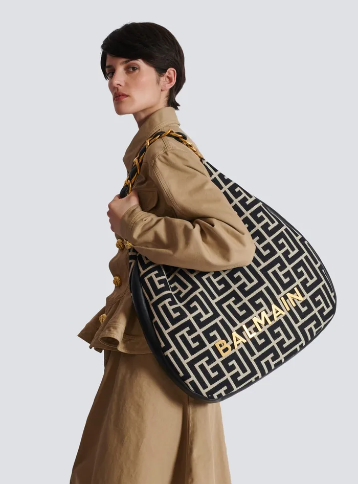 Balmain Large 1945 Soft Hobo Bag In Jacquard Fabric With A PB Labyrinth Monogram Black Women Shoulder Bags
