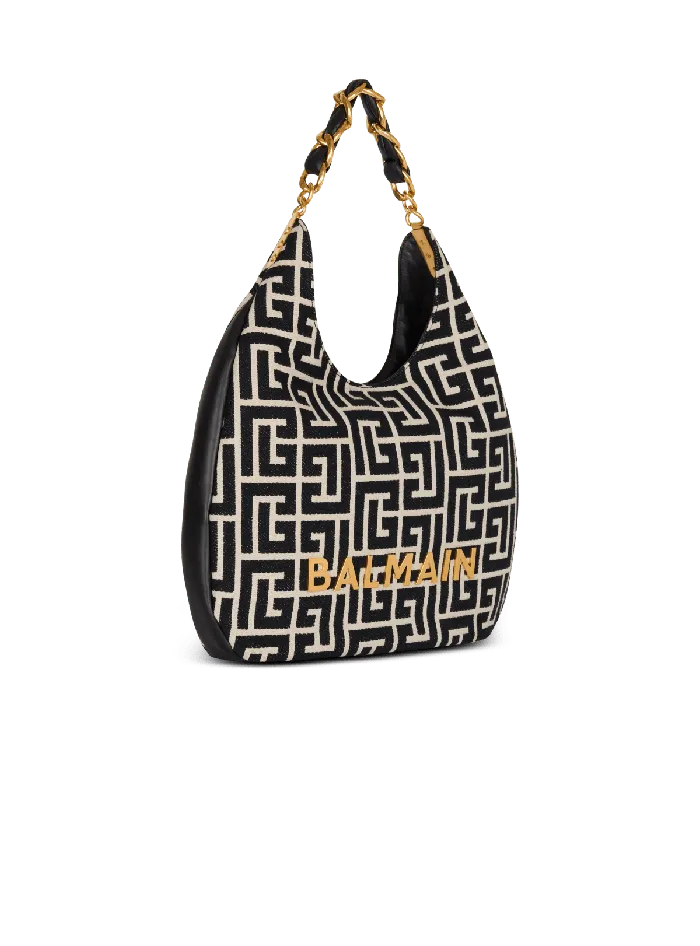 Balmain Large 1945 Soft Hobo Bag In Jacquard Fabric With A PB Labyrinth Monogram Black Women Shoulder Bags